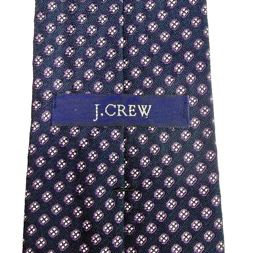 J. CREW - Men's Silk Tie Dark Blue White Purple Squares Geometric 56